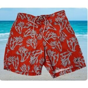 Nautica Men Orange Coral Print Swim Trunks Board‎ Shorts Size L Double Stitched